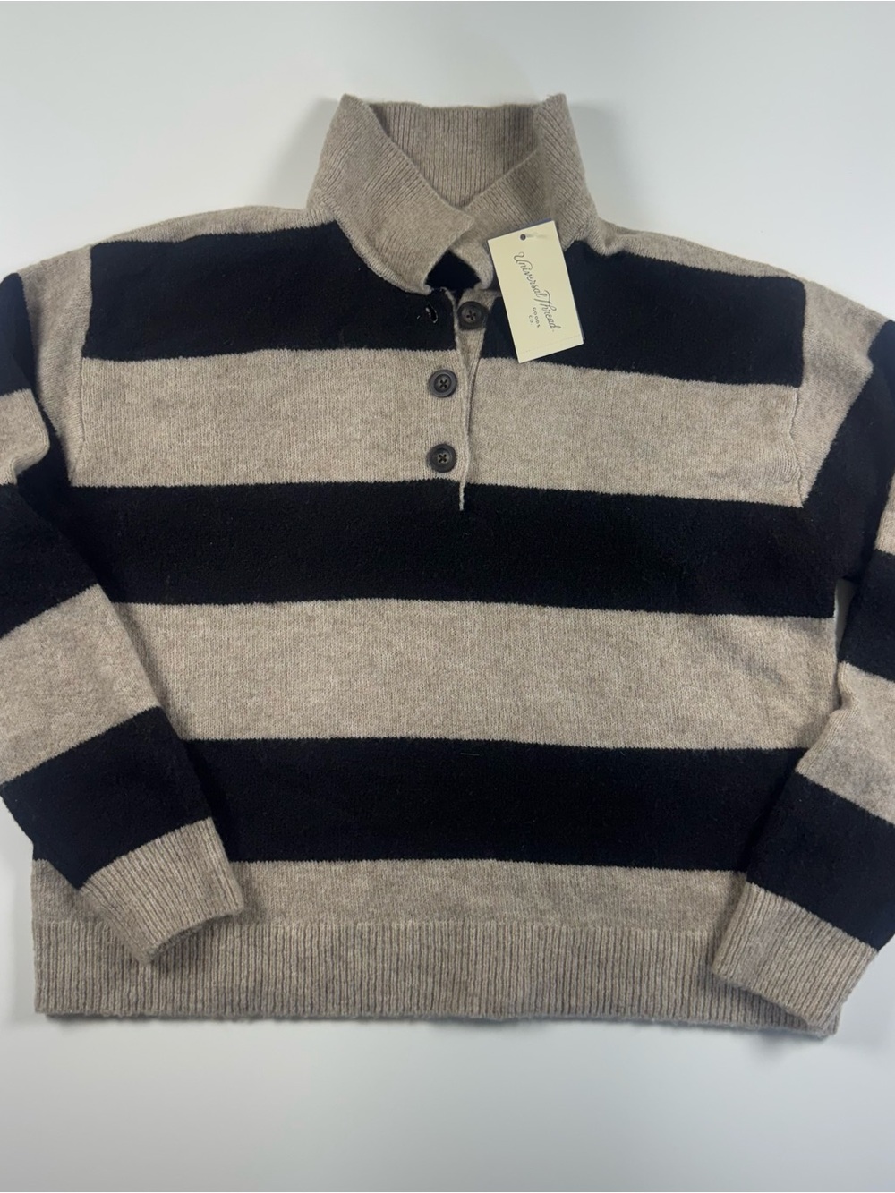 Universal Thread Men's Striped Polo-Neck Zip Sweater in Taupe & Black